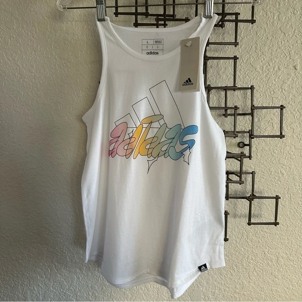 Adidas Big Girls Sleeveless Curved-Hem Cotton Logo Tank Top L
